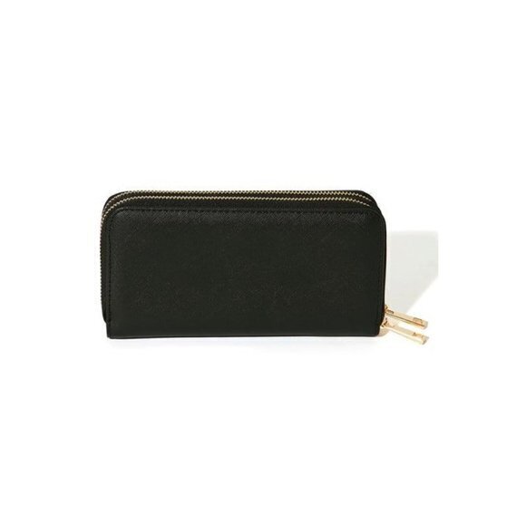 Alyssa Saffiano Material Double Zipper Black Wallet - Picture 2 of 12